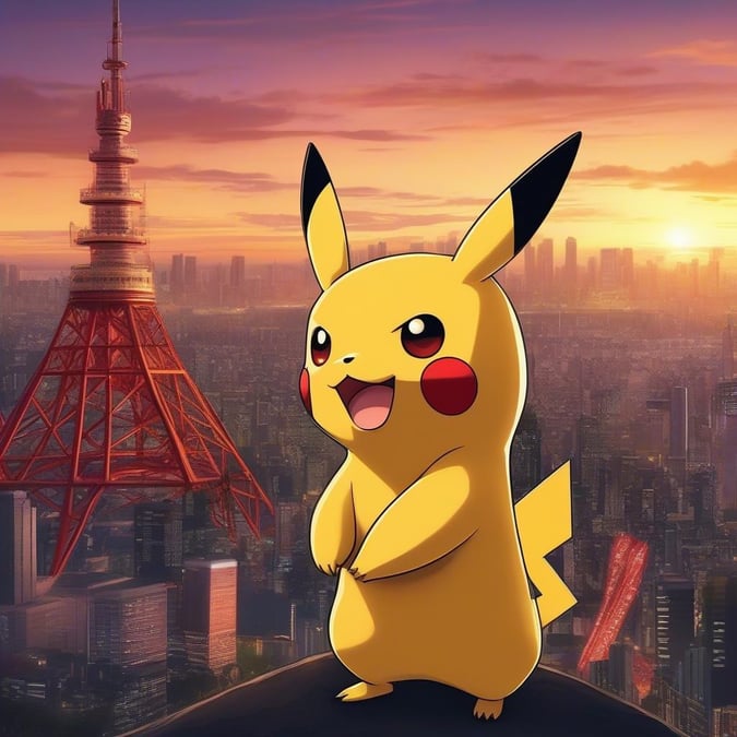 This vibrant wallpaper features Pikachu, the beloved Pokémon character, standing in front of the iconic Tokyo Tower. The colorful and lively design is perfect for fans of the popular franchise and anyone looking to add a touch of fun to their desktop or mobile device.