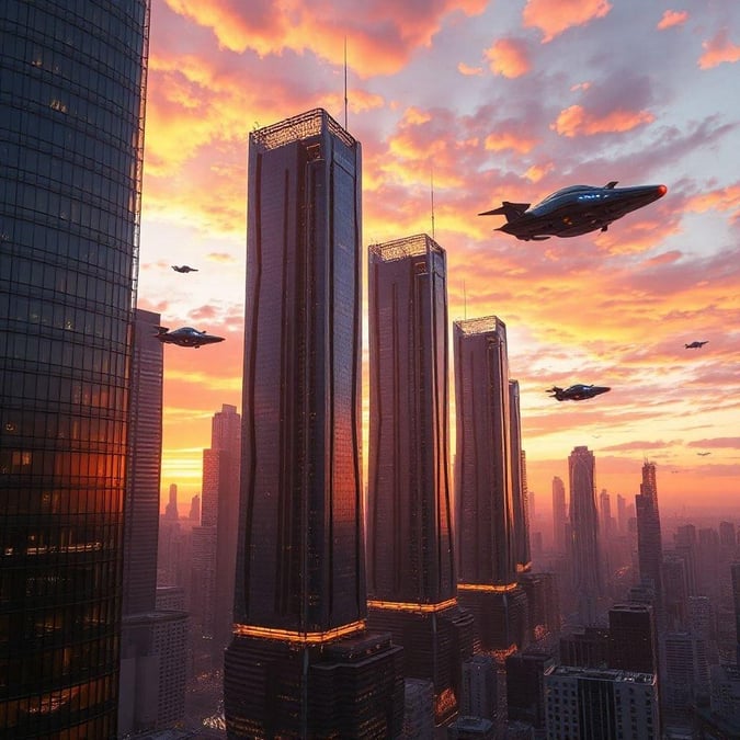 This stunning image captures a futuristic cityscape at sunset, with towering skyscrapers and flying cars soaring through the sky. The vibrant colors of the sunset reflect off the glass and steel buildings, creating a breathtaking scene that's both futuristic and beautiful.