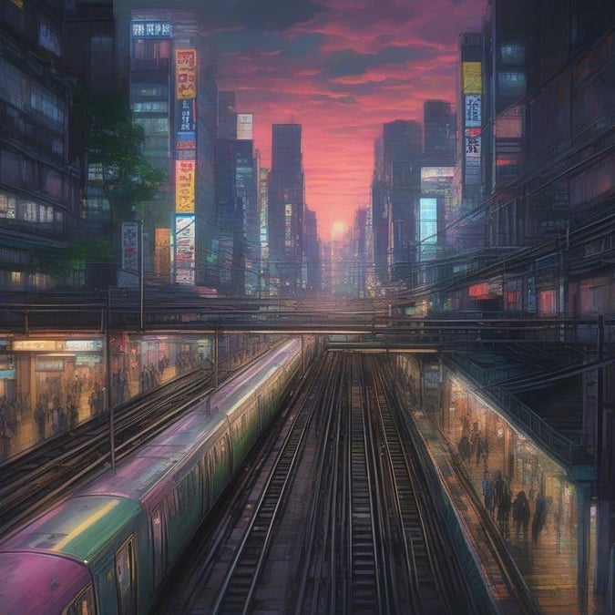 A vibrant city scene with a colorful subway train passing through an illuminated station at sunset.