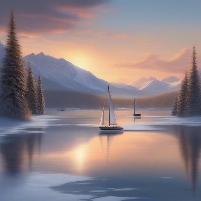 A serene winter landscape with sailboats on a calm lake at sunset. The image captures the tranquility of a mountainous location, ideal for desktop and mobile wallpaper under the category of 'Festive Winter'.