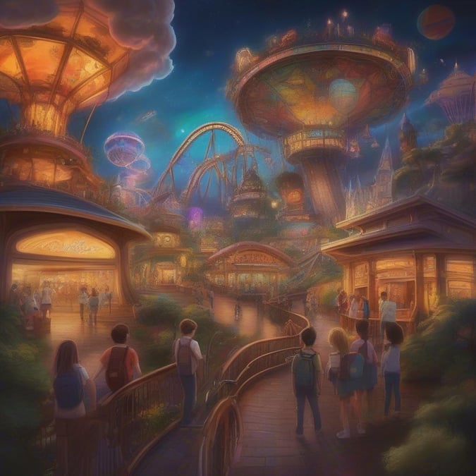 Imagine a world where every day feels like a nighttime amusement park ride. This surreal landscape blends the enchantment of fairy tales with the excitement of roller coasters, set against the backdrop of a star-filled sky.