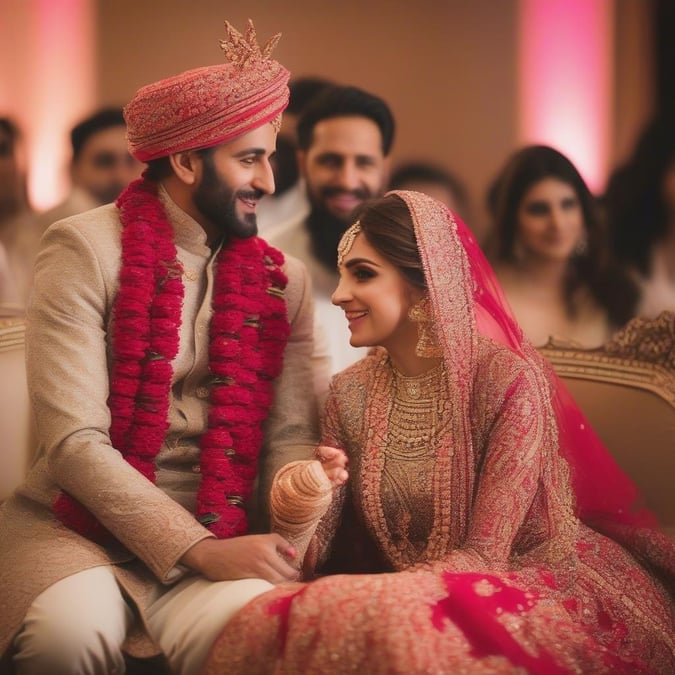 A couple radiating joy at their traditional Indian wedding ceremony, adorned in colorful cultural attire and surrounded by loved ones.