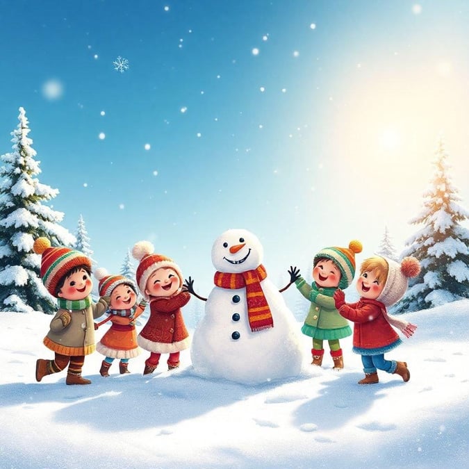 This adorable wallpaper captures the joy of winter with a happy snowman surrounded by children playing in the snow. It's the perfect way to add a touch of festive cheer to your desktop or mobile device.