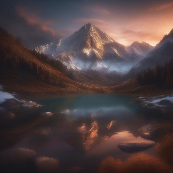 A serene scene at dawn with a tranquil lake reflecting the vibrant colors of the sky and majestic snow-capped mountains providing a stunning backdrop.