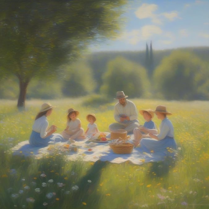 A heartwarming depiction of a father and his family enjoying a sunny picnic on the grass. Dressed in period-style outfits, they are surrounded by a tranquil pastoral landscape, making this image perfect for your Father's Day celebrations.