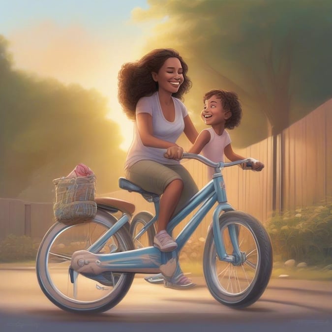 A joyful moment captured on Mother's Day, featuring a young girl learning to ride her first bicycle. The illustration depicts a warm bond between the two characters as they share the simple pleasure of cycling together.