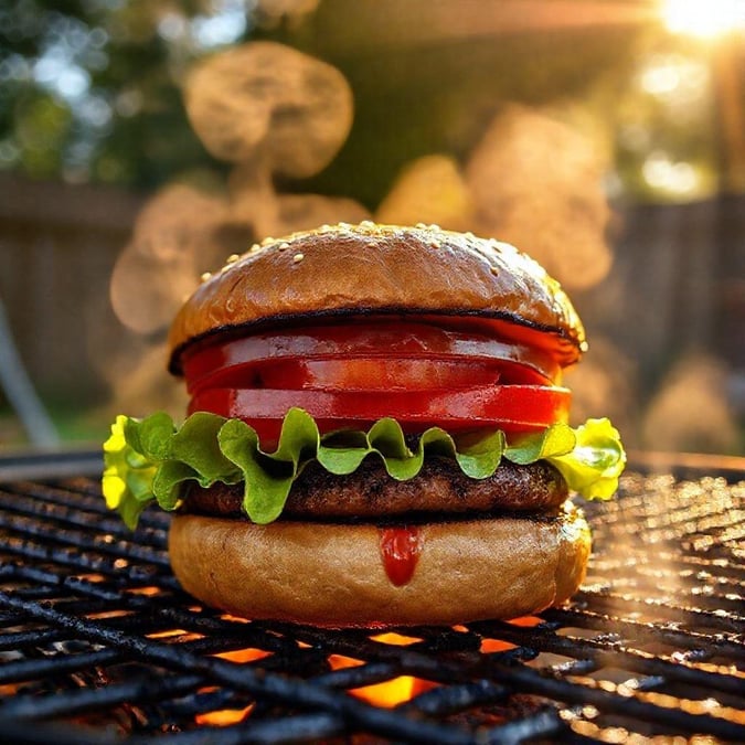 A tantalizing close-up view of a mouth-watering burger with ketchup, lettuce, and ripe tomato, perfect for the summer grilling season.