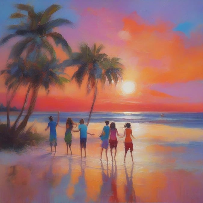 A group of friends bask in the beauty of a sunset on the beach, surrounded by the soothing sounds of the waves and the warmth of the setting sun.