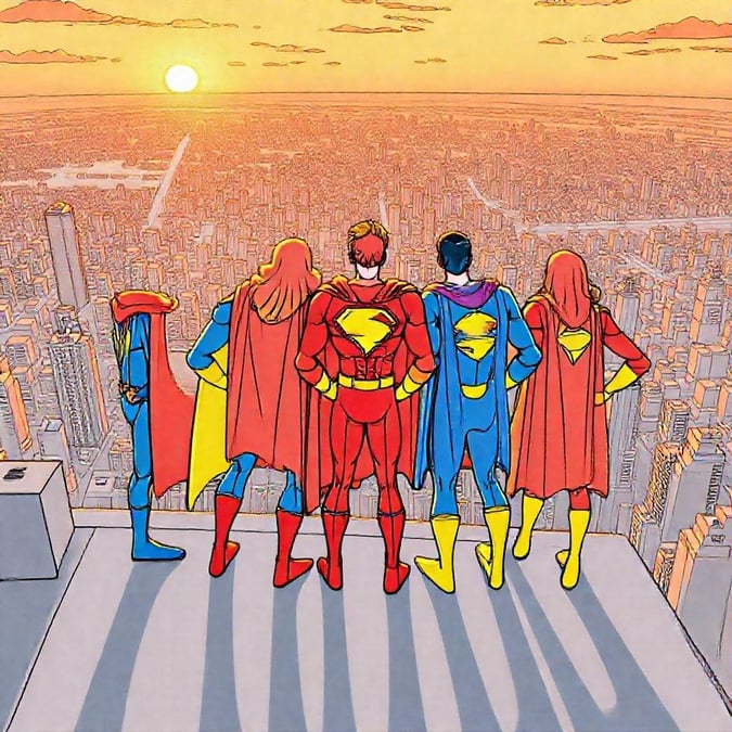 A group of superheroes stands together on a high vantage point, watching over their city as the sun sets.