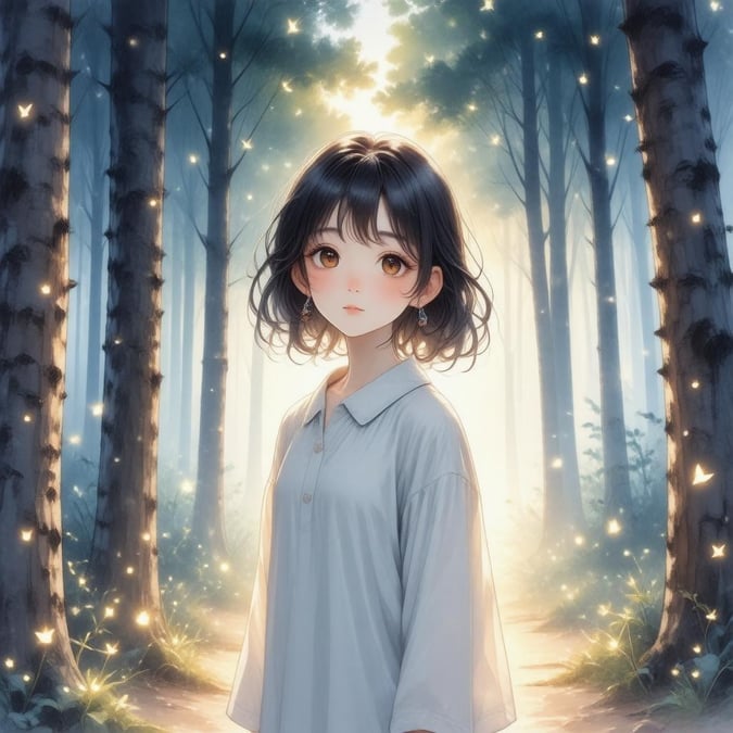 In the quiet solitude of a mystical forest, a young girl finds her sanctuary amidst the gentle flutter of fireflies. Her eyes are closed in a state of peaceful reverie, as she seems to be lost in the symphony of nature's whispers.