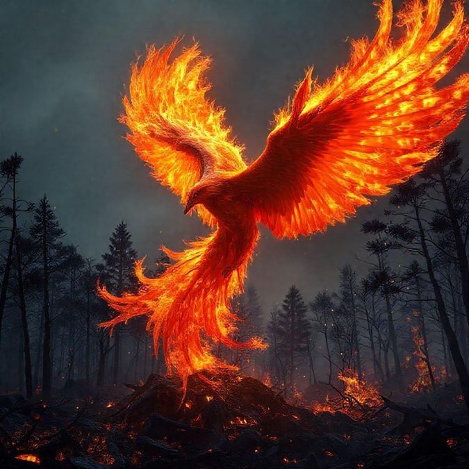 A phoenix rises from the ashes, symbolizing rebirth and renewal.