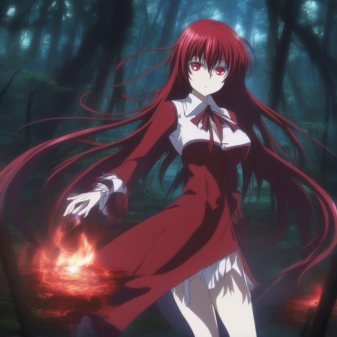 Lost in a mystical forest, this red-haired anime character embraces the darkness, her eyes glowing with otherworldly energy. Amidst the twisted trees, she strides forward, a solitary figure in the night.