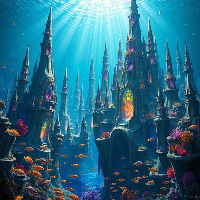 This enchanting underwater kingdom is straight out of a fantasy story. With spires that resemble castle towers and mysterious archways, it's a sight to behold! The vibrant marine life adds a touch of magic to the scene, making one wonder what secrets lie within these submerged walls.