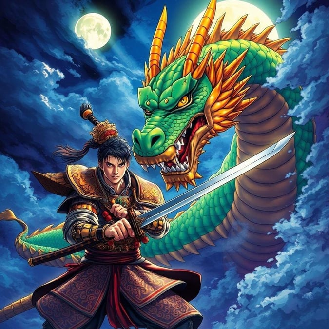 This stunning anime wallpaper features a samurai warrior battling a majestic dragon, set against a vibrant and mysterious backdrop.