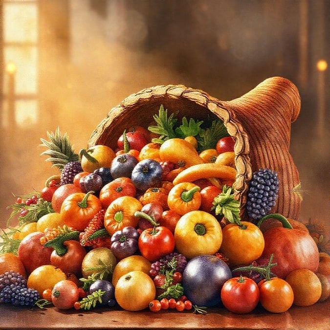 This beautiful wallpaper captures the essence of Thanksgiving, featuring a cornucopia overflowing with an assortment of fruits and vegetables. The vibrant colors and lush arrangement evoke a sense of abundance and gratitude, making it a perfect addition to your desktop or mobile device.