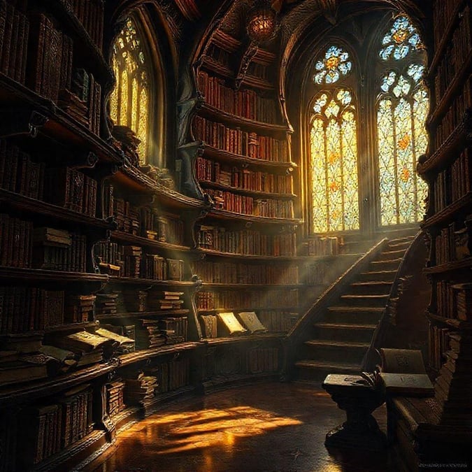 Step into a magical world where knowledge unfolds in an ancient chamber, bathed in sunlight filtering through stained glass. The walls whisper tales of the ages, and every bookshelf holds the secrets of a thousand untold stories.