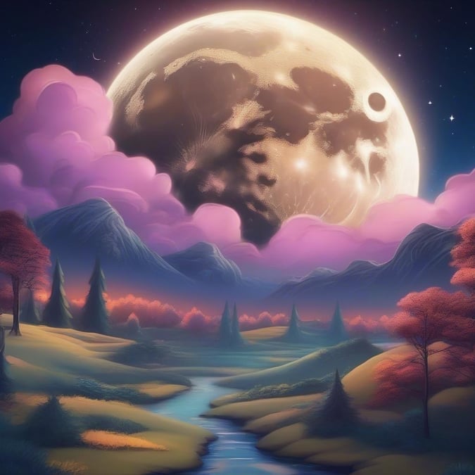 A whimsical nighttime scene featuring a full moon, colorful clouds, and a peaceful countryside with hills and trees. This image is perfect for desktop and mobile wallpaper to add a touch of fantasy to your everyday digital life.