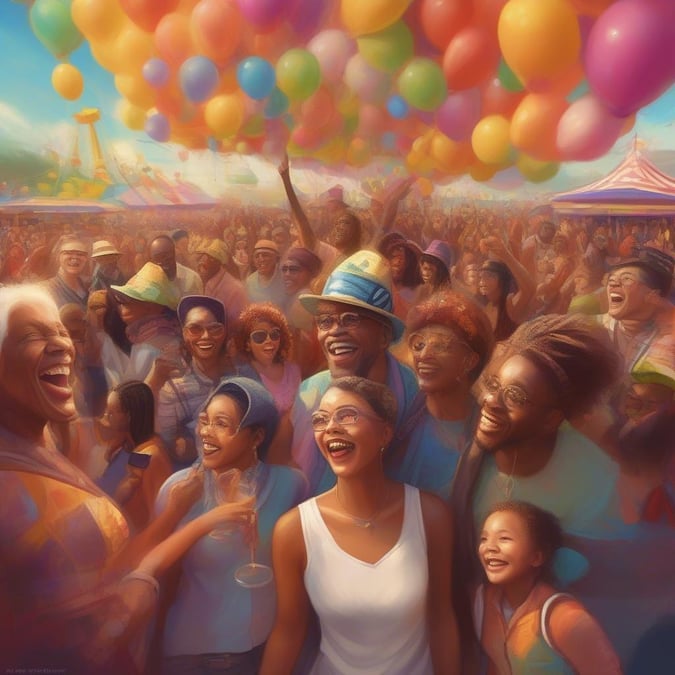 A lively gathering at a carnival, filled with joy and laughter. Colorful balloons float above the crowd, creating a festive atmosphere.