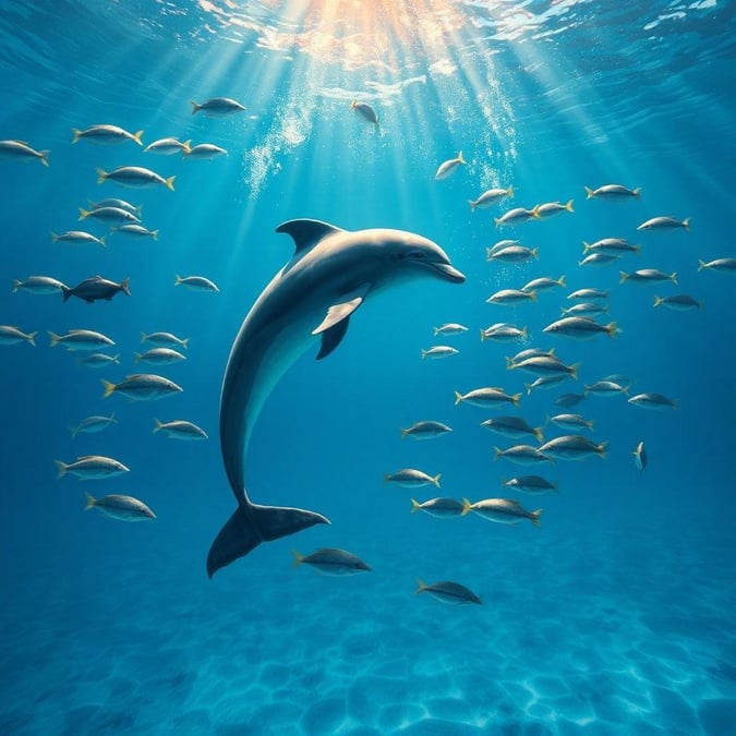 Spectacular scene of dolphins leaping through the blue ocean waters, as schools of fish swim around. The perfect desktop wallpaper to bring a little piece of the underwater world into your daily life.