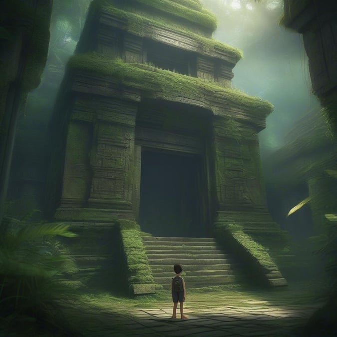 Explore the ancient temple with a curious adventurer. The lush greenery hints at its long-forgotten history. Is there treasure to be found?