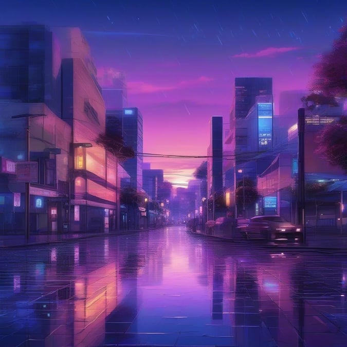 Detta fantastiska anime stadslandskap vid skymning är en hisnande syn. Den blöta asfalten reflekterar neonskylten, vilket skapar en anime-liknande effekt som drar in dig.