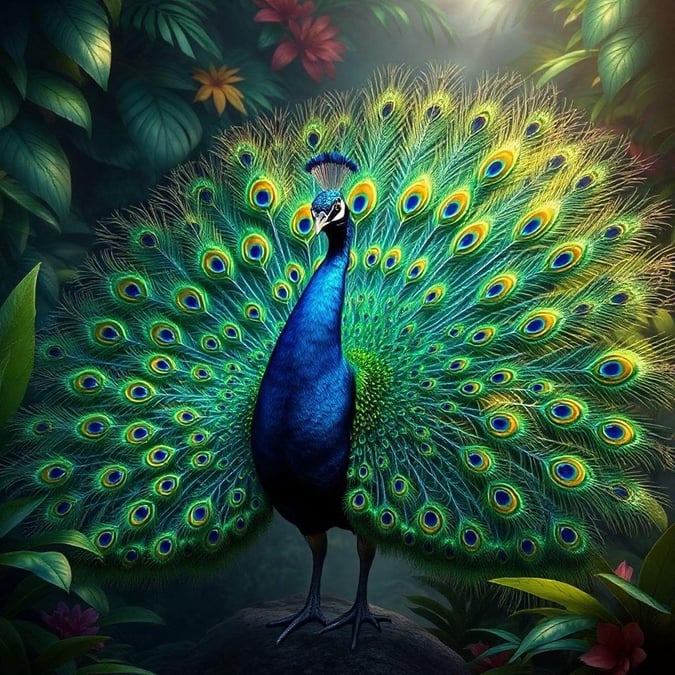 Feel the majesty of nature with this stunning peacock, proudly displaying his vibrant feathers amidst a serene jungle backdrop.