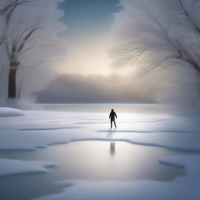 Lone figure takes in the serene beauty of winter night on frozen lake, with misty horizon suggesting the end or beginning of a day. Perfect wallpaper for Christmas coziness.