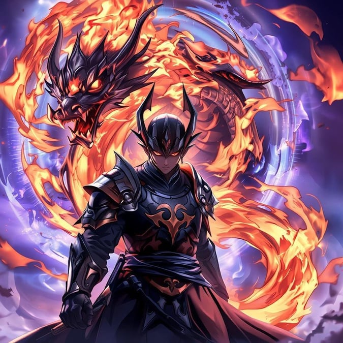 This captivating anime-style illustration showcases a powerful warrior standing before a mesmerizing vortex of fire and smoke, with a majestic dragon's tail flowing gracefully in the background.