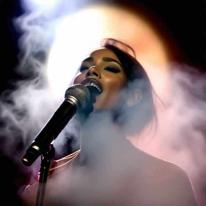 A singer with a dynamic stage presence, giving an intense performance amidst smoke and light effects.