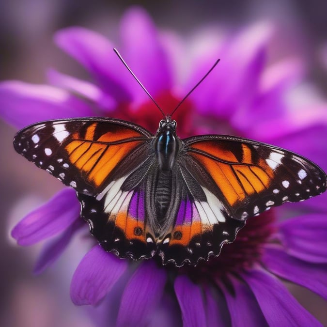 A colorful butterfly perched on the delicate petals of a purple flower, evoking a sense of tranquility and natural beauty.