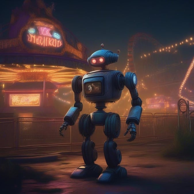 In the quiet hours, the carnival is bustling with the whirr of robotic activity. This intriguing image captures a moment where the android assistant stands sentinel, overseeing the playful lights and empty rides.