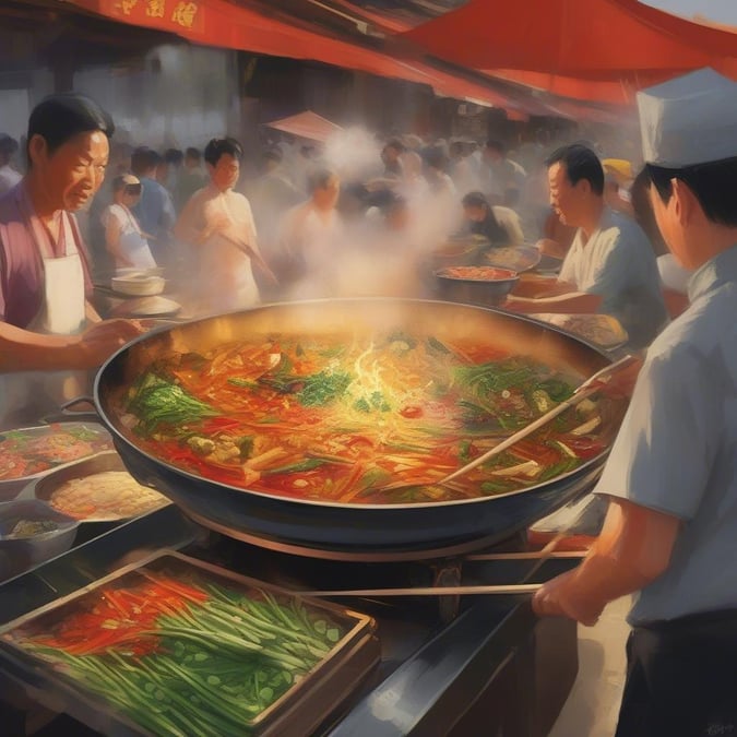 A vibrant street scene in an Asian market, with crowds gathered around food stalls serving various dishes.