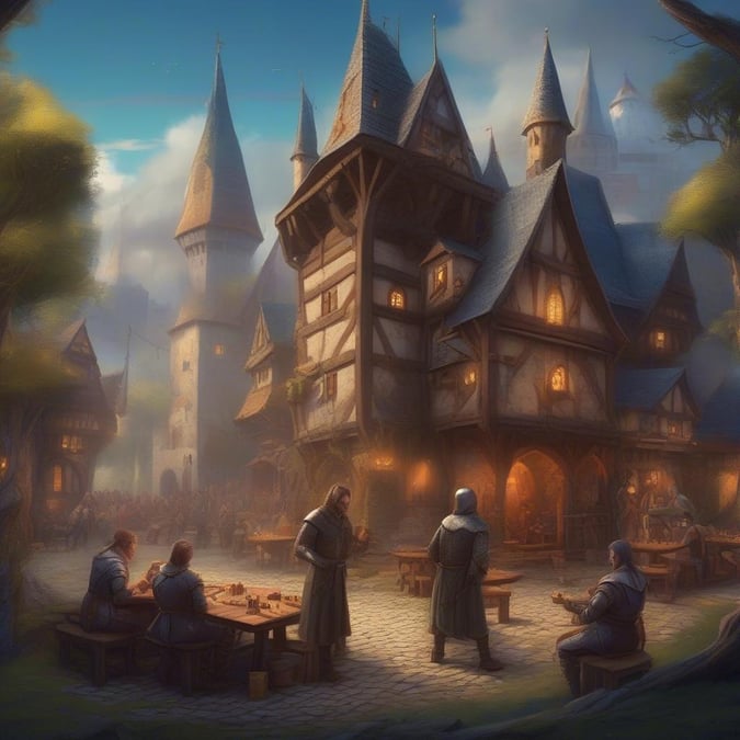 A medieval fantasy village comes to life as the sun sets, with characters gathered around a central courtyard. The cobblestone streets and quaint wooden buildings are bathed in the warm glow of lanterns and candles, creating an atmosphere of camaraderie and shared stories.