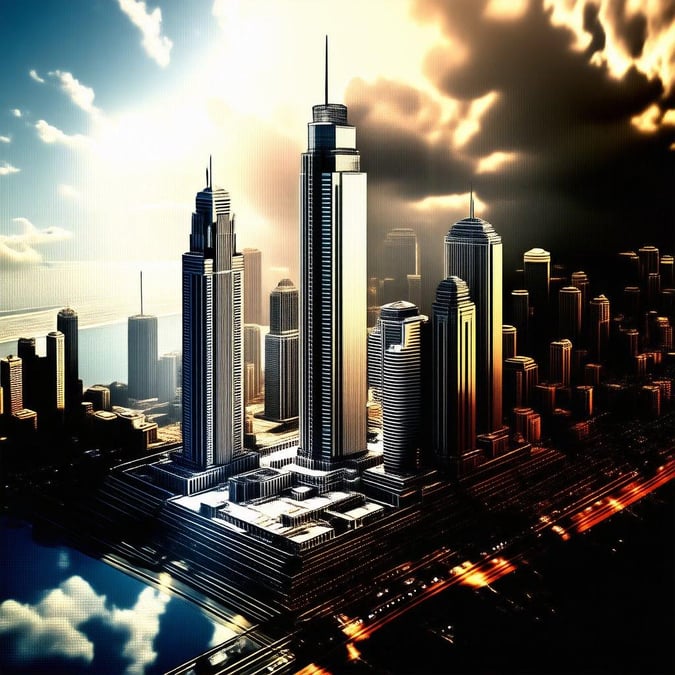 A futuristic city skyline at dusk, showcasing modern architecture and a dynamic mix of urban life. Includes skyscrapers that reach towards the clouds under a dramatic sky.