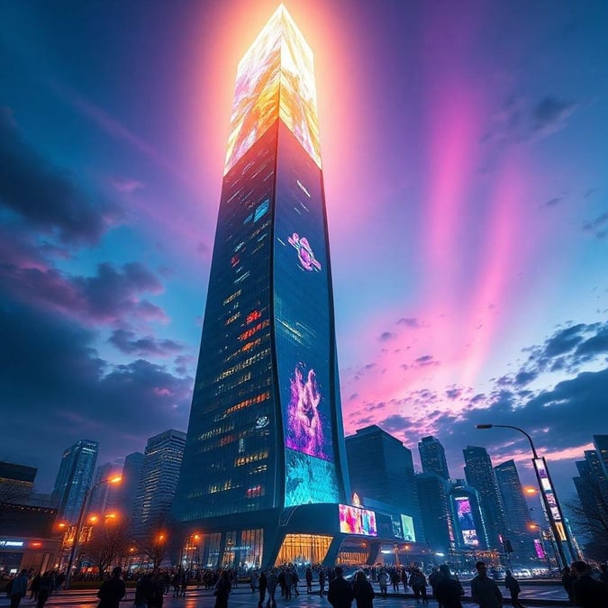 A modern neo-gothic skyscraper with a digital facade, towering over the cityscape during dusk. People gathered in front of its base, enjoying the ambiance.