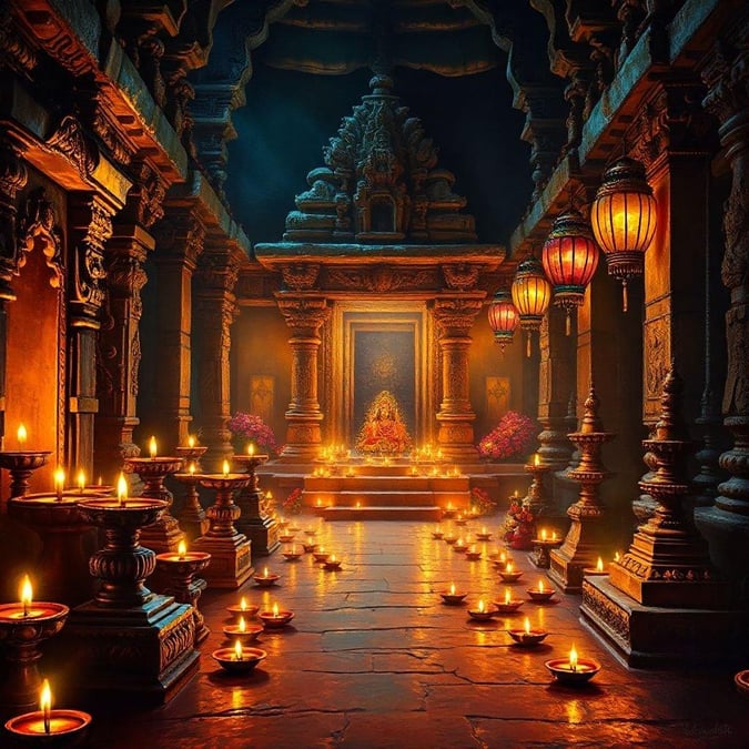 The serene pathway lit by diyas leads to the sacred sanctum, a symbolic haven in honor of the divine during Diwali.