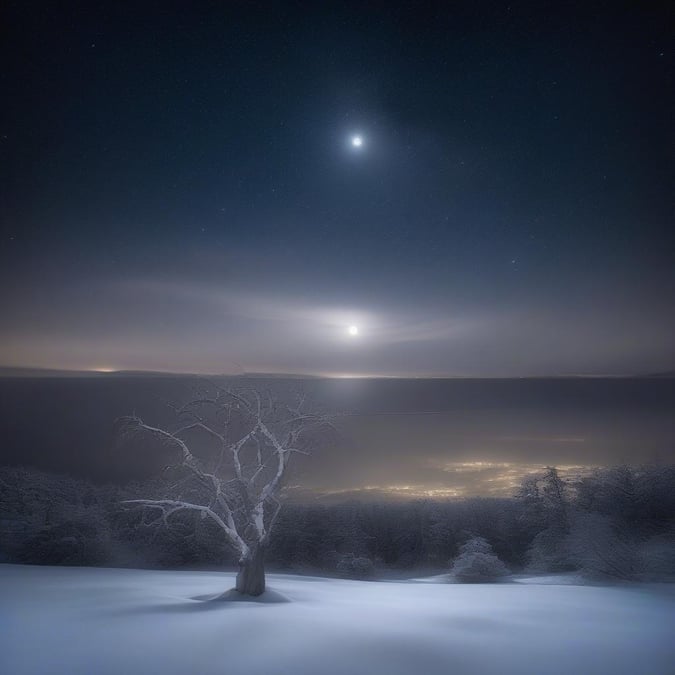 A tranquil scene of the night sky with stars twinkling above a mountainous landscape, illuminated by the moon. The snow-covered trees add to the festive winter atmosphere.