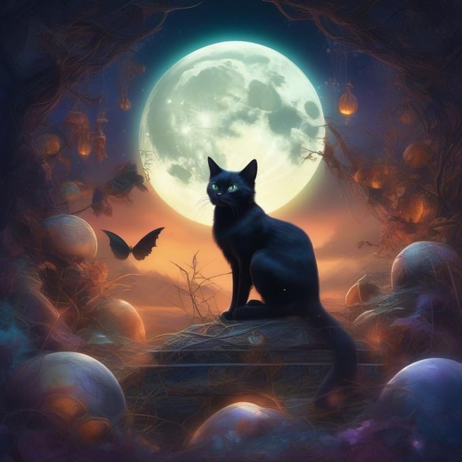 A mysterious black cat gazing at the full moon, with a festive Halloween twist.