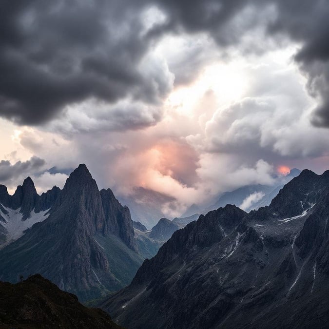 This image captures the breathtaking beauty of a mountain range, with towering peaks and lush greenery.