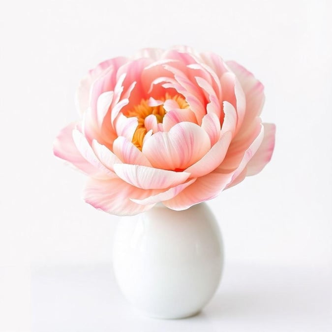 A single pink-tipped peony bloom, exuding elegance and softness. Its blossoming petals add a splash of color to any minimalist space.