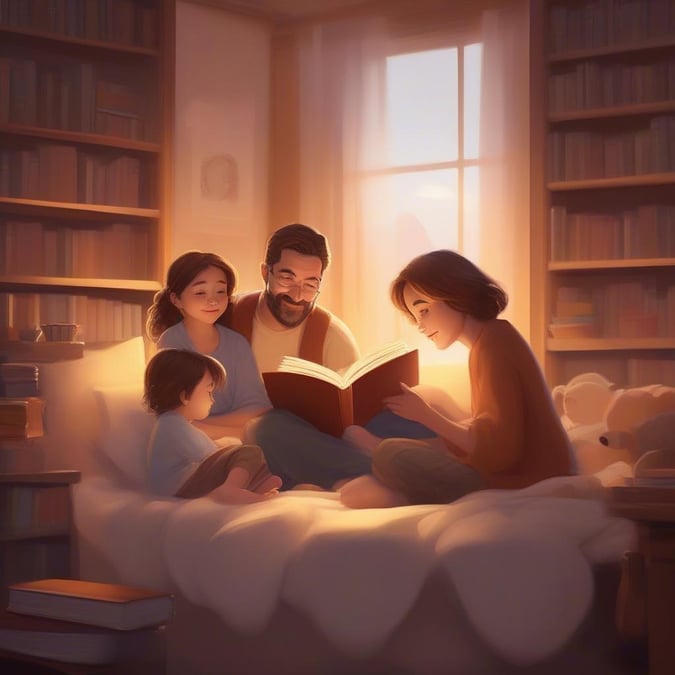 A heartwarming scene of a father reading to his children on a cozy night in, creating precious memories under the soft glow of a nightlight.