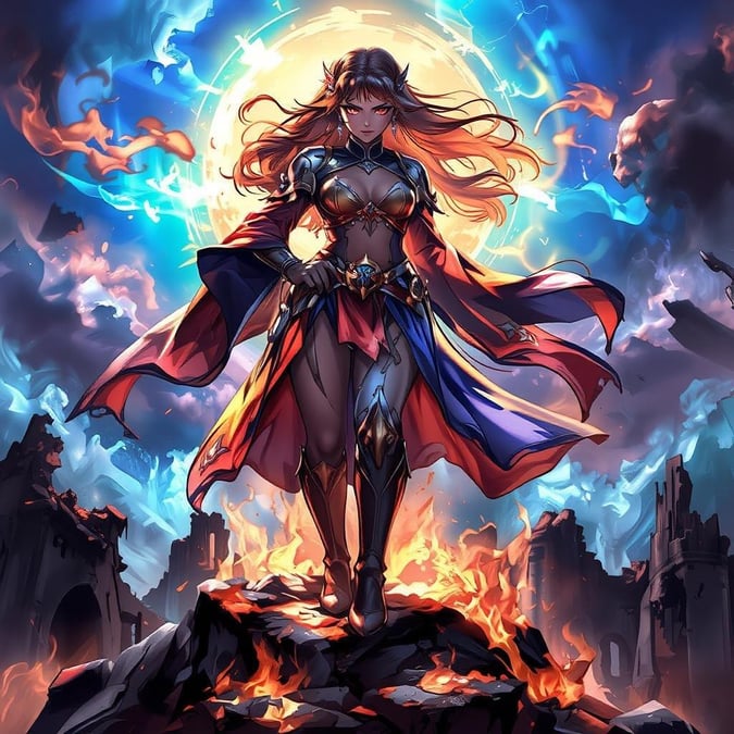 Immerse yourself in the captivating world of anime with this stunning wallpaper featuring a powerful woman standing atop a ruined castle, surrounded by a kaleidoscope of colors and a blazing aura.