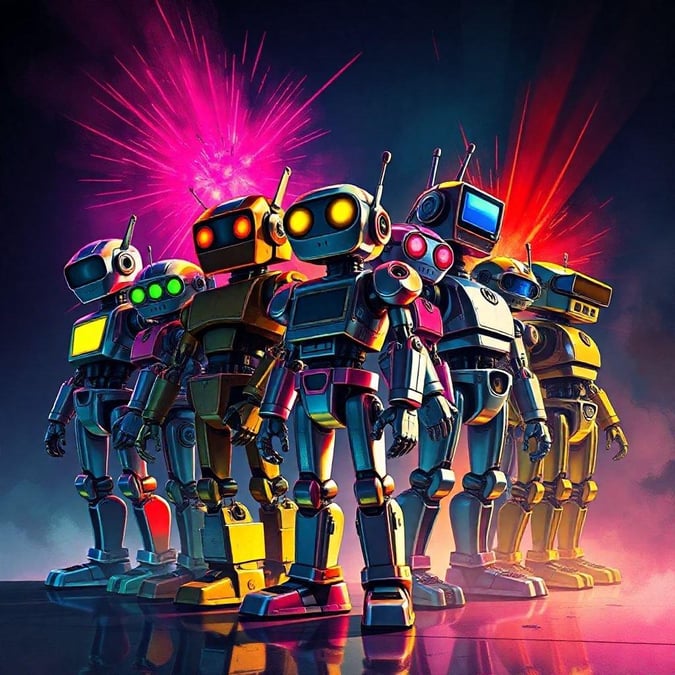 A group of vibrant, robotic friends standing together in the center of a futuristic setting. A great digital artwork for your desktop.