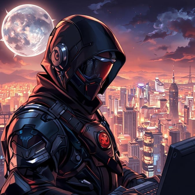 This stunning anime-inspired wallpaper captures the essence of a futuristic cyberpunk hacker, set against a backdrop of a bustling cityscape under the warm glow of a binary star. The detailed digital illustration showcases the hacker's sleek black and silver armor, exuding an air of anticipation and intrigue.