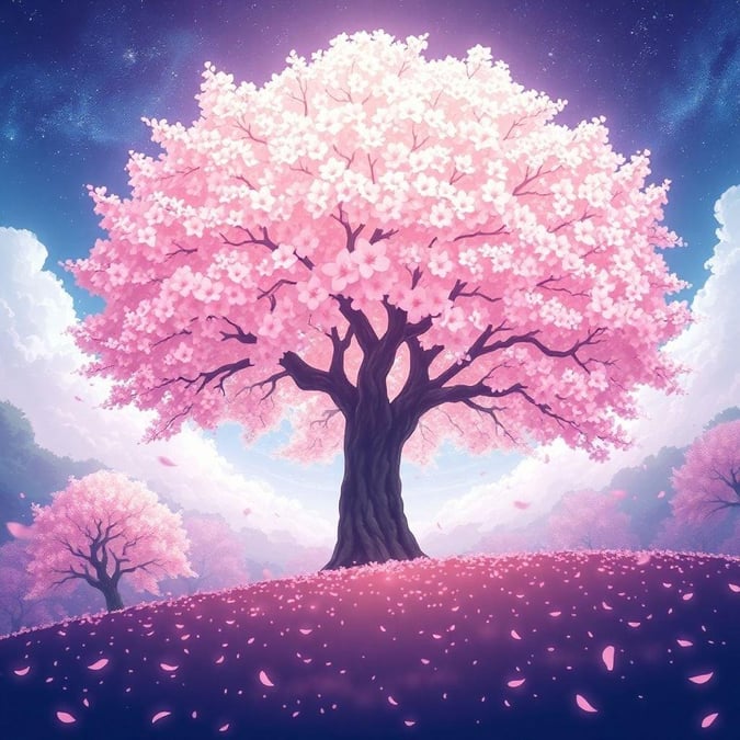 Immerse yourself in the serene beauty of an anime-style cherry blossom tree, with its vibrant pink flowers and majestic presence beneath a celestial sky.