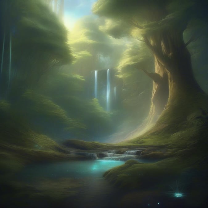 A mystical scene where nature's magic unfolds. A clearing in the heart of a dense forest, where the mist from a waterfall mingles with the glow of sunlight filtering through the canopy, casting ethereal shadows and highlighting the vibrant greenery. This image captures the essence of serene solitude amidst the grandeur of nature.