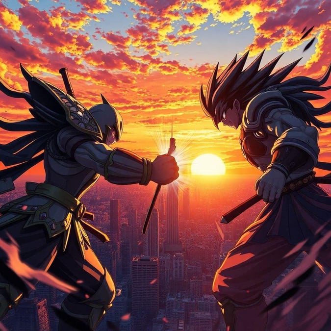 Two powerful warriors engage in an intense duel as the sun sets over the city skyline.