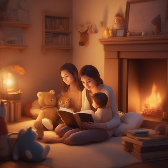 A warm family moment on Mother's Day, reading stories by the fireplace.