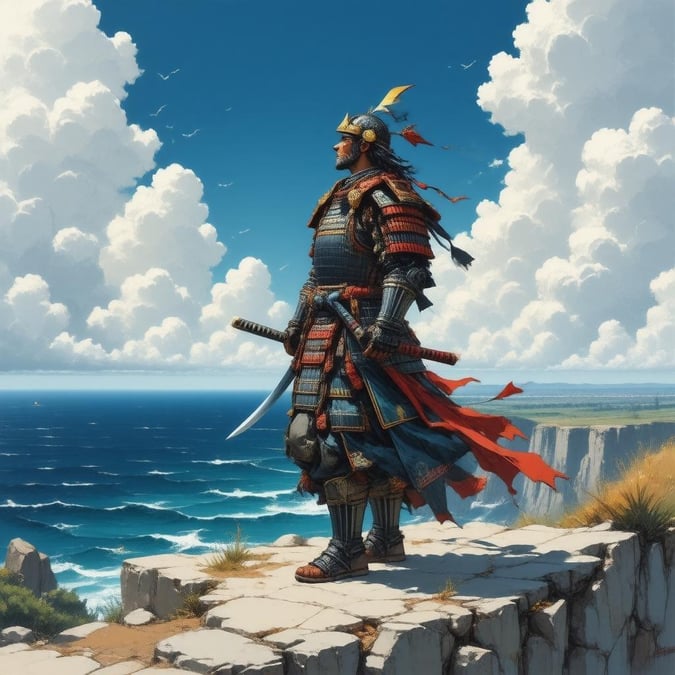 Esta impressionante ilustração de anime apresenta um samurai em pé em um penhasco, olhando para o vasto oceano abaixo. Os padrões intrincados do samurai e o caleidoscópio de cores adicionam profundidade e detalhe à imagem, enquanto as nuvens brancas e fofas no céu criam uma atmosfera etérea.