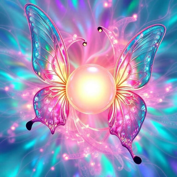 A stunning digital art piece featuring an ethereal butterfly with a radiant energy center, set against a mesmerizing background that transitions from deep blues to vibrant pinks and purples. A visually captivating wallpaper for both desktop and mobile devices.